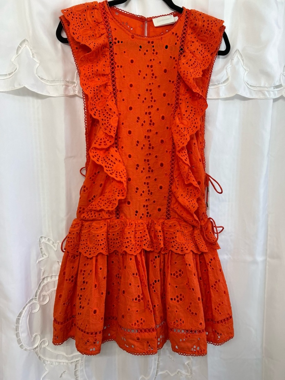 Zimmermann Marisol Eyelet Dress Tomato Orange Ruffle Lace Mini Dress Resort S - Picture 6 of 13
